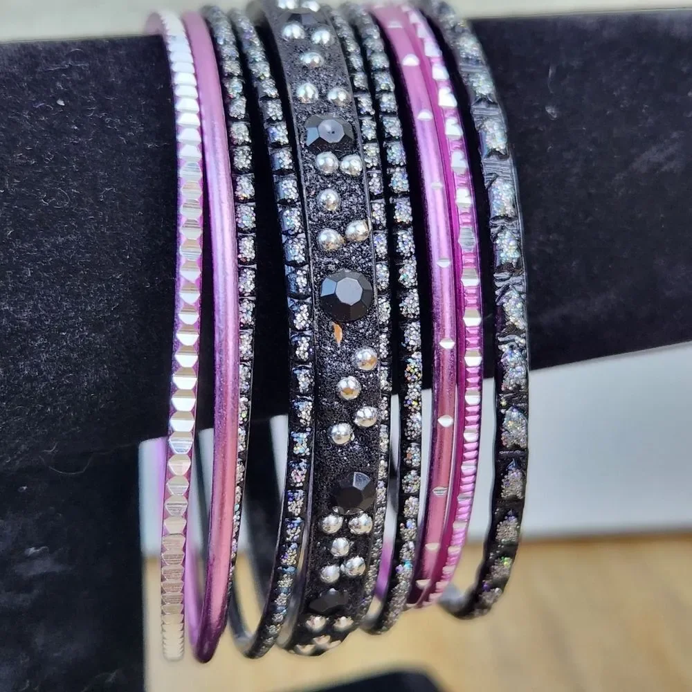 💜Hot Pink & Black 10-Piece Stackable Metal Bangle Bracelet Set - Picture 6 of 6